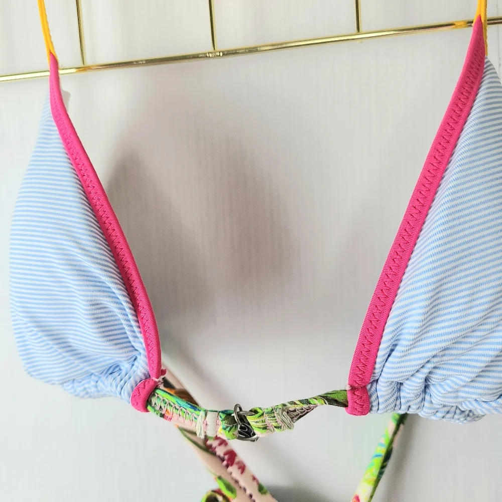 Banana Moon Blue Striped Floral Triangle Bikini Top